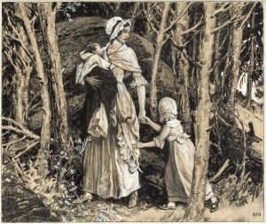 Mrs. Huldah Richards and two children of Poultney fleeing south in the face of Burgoyne’s invasion
Illustration by Roy F. Heinrich
Image courtesy of National Life Group